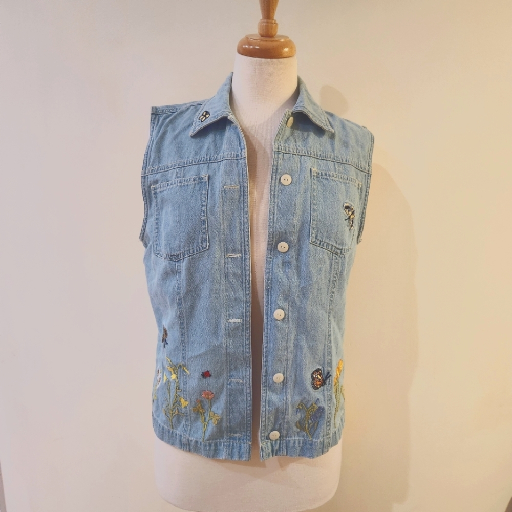 Vintage 90's Cedar Creek Spring Floral Butterfly Embroidered Denim Jean Vest